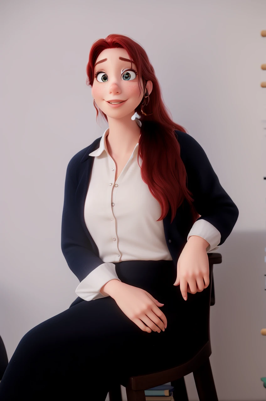 red-haired woman, sweet and intelligent look, disney pixar style, In an office, with books and laptop