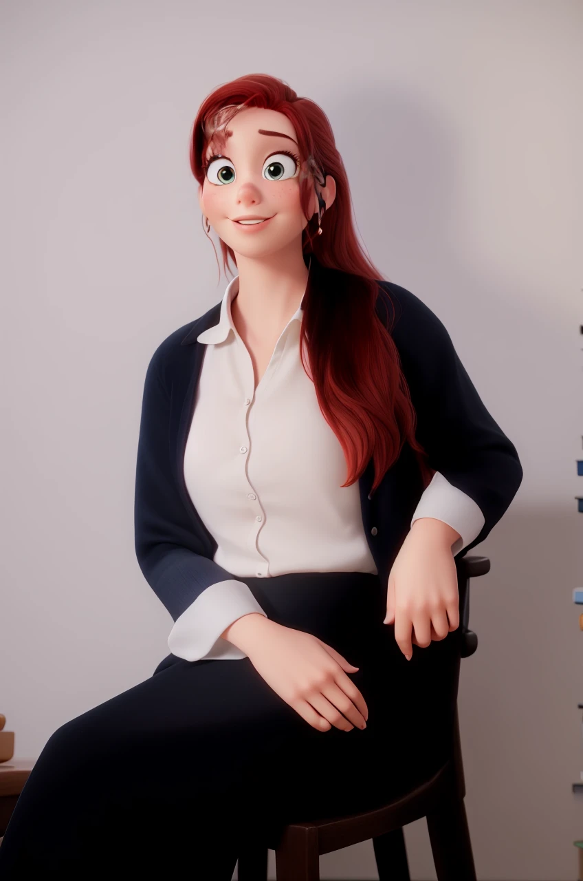 red-haired woman, sweet and intelligent look, disney pixar style, In an office, with books and laptop