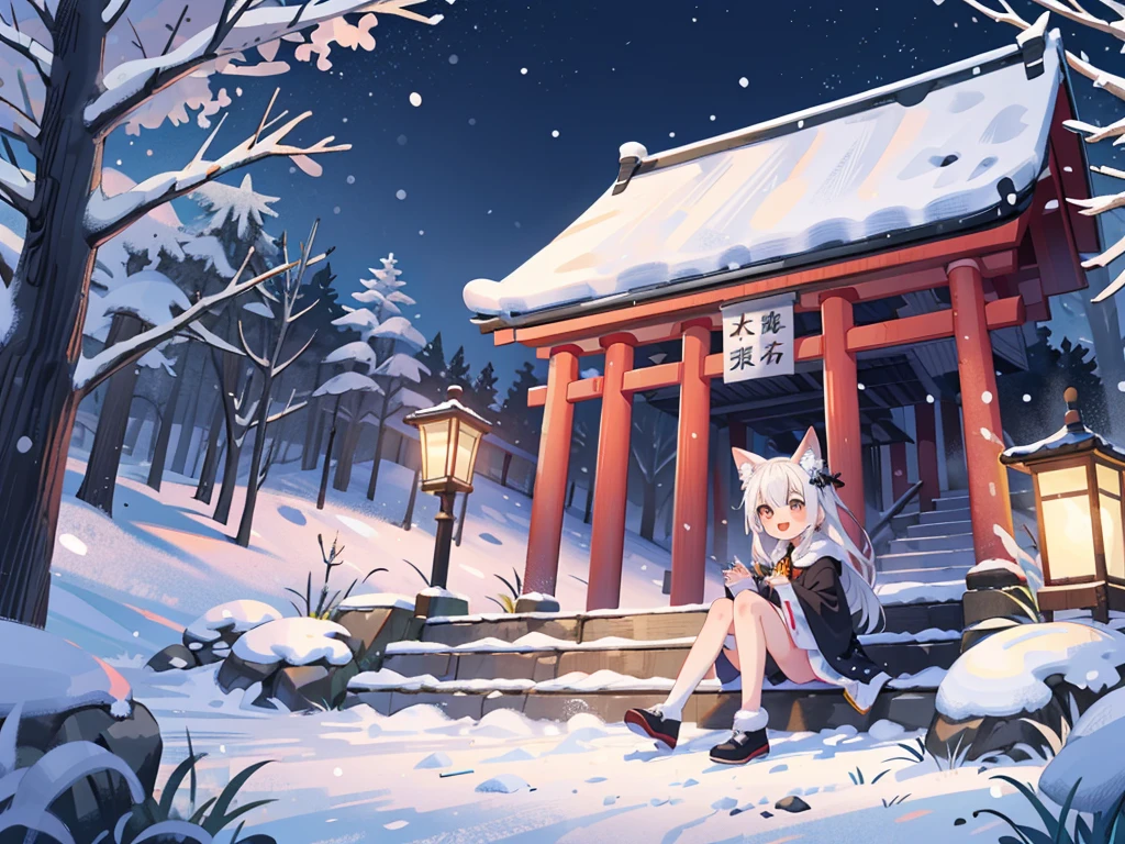 1girl, (high quality:1.2), (ultra detailed:1.2), ((absurdres)), (masterpiece), from side, CG, kaia, cute face, perfect body, white hair, very long hair, orange eyes, two-tone hair, hair ornament, fox ears, fox tail, multiple tails, hanfu, winter hanfu, Cloak, open mouth, smile, sitting, Reach out to catch the snowflakes, looking up, night, snowing, snowflake, snow, Torii gate, stone steps, shrine architecture, Comfortable tones,