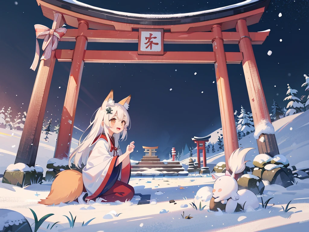 1girl, (high quality:1.2), (ultra detailed:1.2), ((absurdres)), (masterpiece), from side, CG, kaia, cute face, perfect body, white hair, very long hair, orange eyes, two-tone hair, hair ornament, fox ears, fox tail, multiple tails, hanfu, winter hanfu, Cloak, open mouth, smile, sitting, Reach out to catch the snowflakes, looking up, night, snowing, snowflake, snow, Torii gate, stone steps, shrine architecture, Comfortable tones,