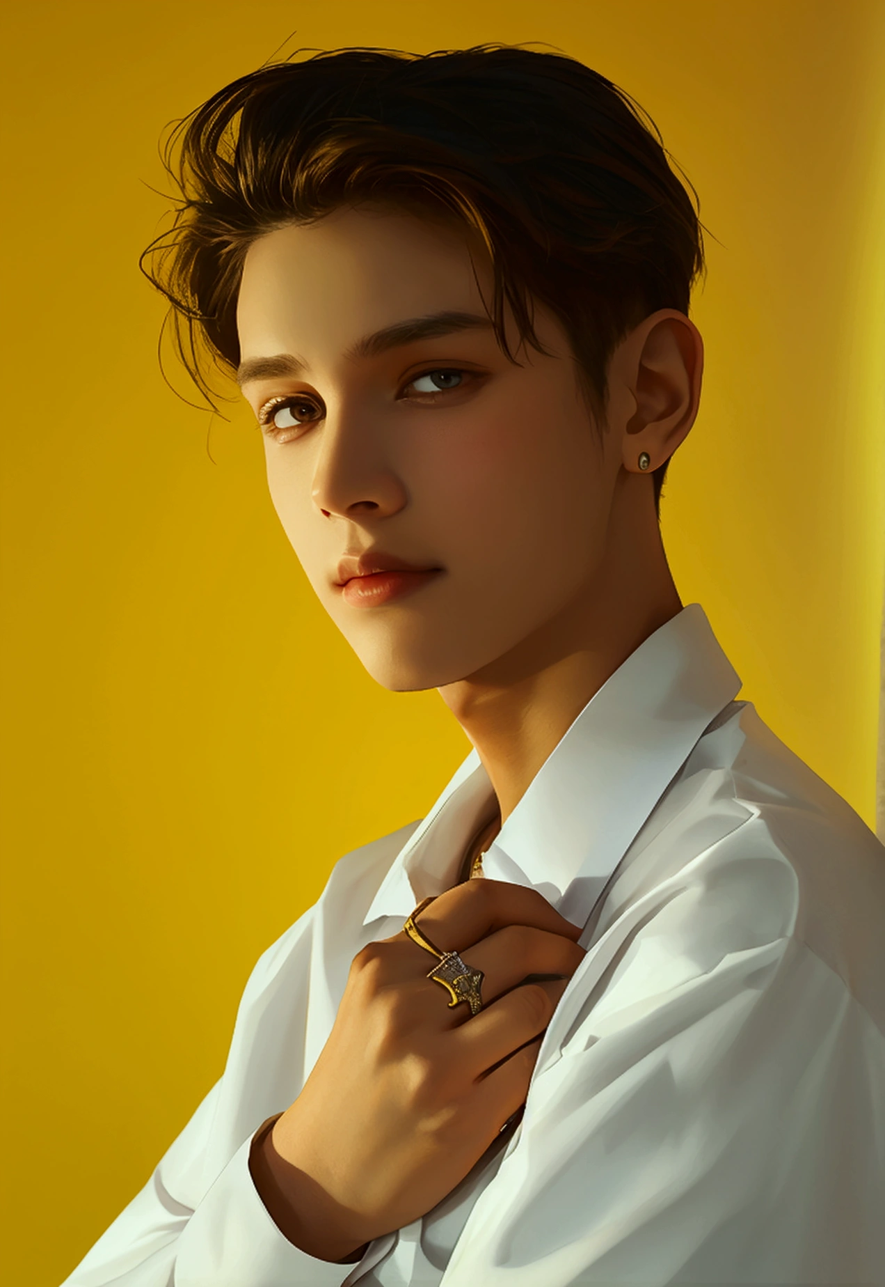 1boys, solo, looking at viewer, simple background, shirt, long sleeves, holding, jewelry, white shirt, upper body, hand up, gradient, gradient background, mask, buttons, ring, yellow background, arm behind back