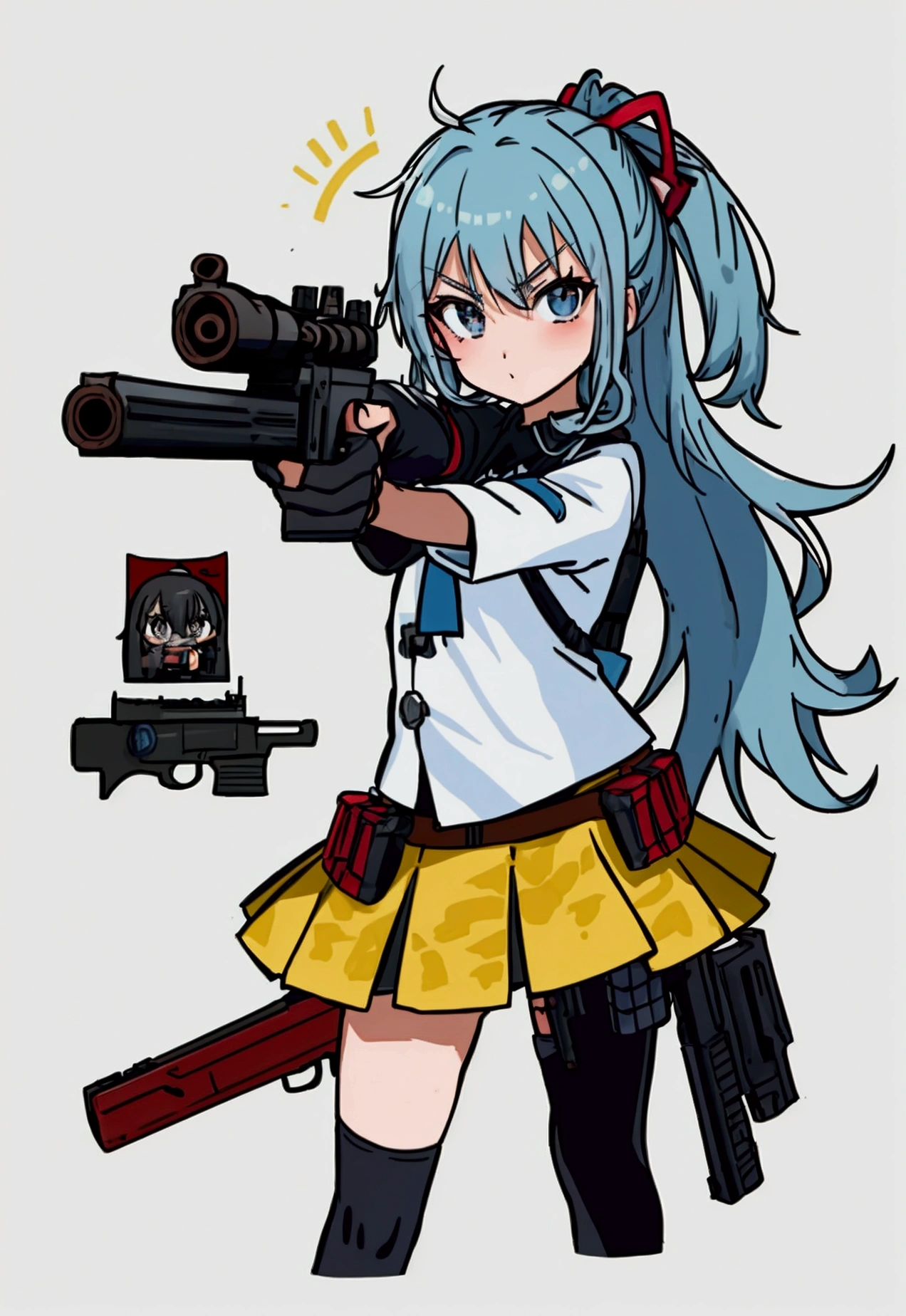 Logo, gaming squad logo, women, holding a gun and pointing it at the camera, with pistol, anime shot, anime machine gun fire, with a gun, female action anime girl, gapmoe yandere, shooting pose, holding gun, holding a pistol, four girl, four cute girl, trigger anime artstyle, holding a gun, dramatic wielding gun pose, brandishing a gun, vector style, chibi