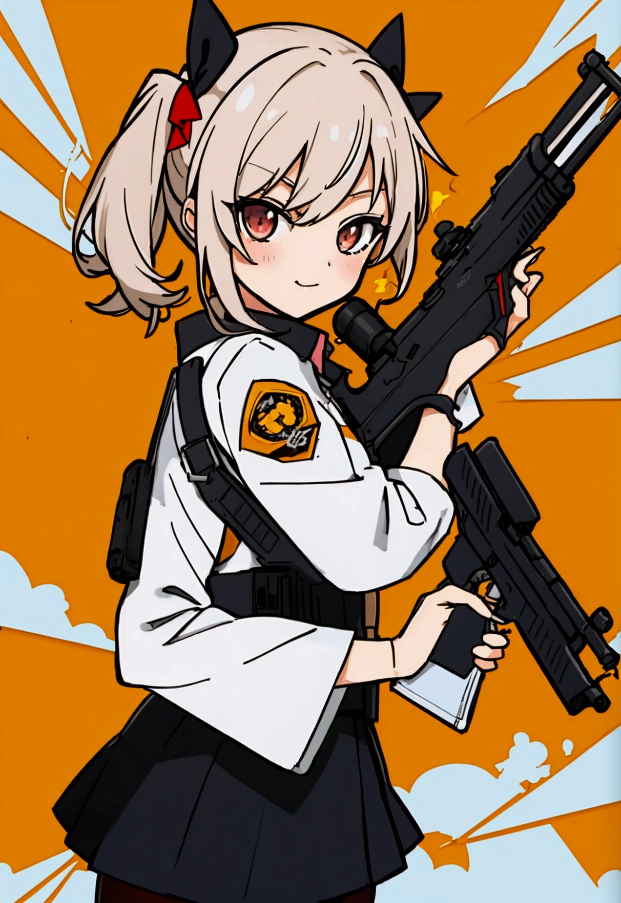 Logo, gaming squad logo, women, holding a gun and pointing it at the camera, with pistol, anime shot, anime machine gun fire, with a gun, female action anime girl, gapmoe yandere, shooting pose, holding gun, holding a pistol, four girl, four cute girl, trigger anime artstyle, holding a gun, dramatic wielding gun pose, brandishing a gun, vector style, chibi