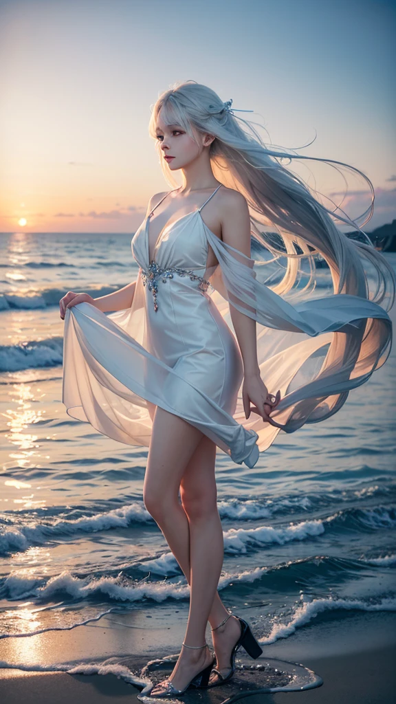 ((最high quality)), Like a photograph,high quality, 8k resolution",Beautiful 19 year old girl,Very elegant fashion,The girl sways beautifully in the sea breeze、Should have elegant white hair,Sad look,Ocean view,evening