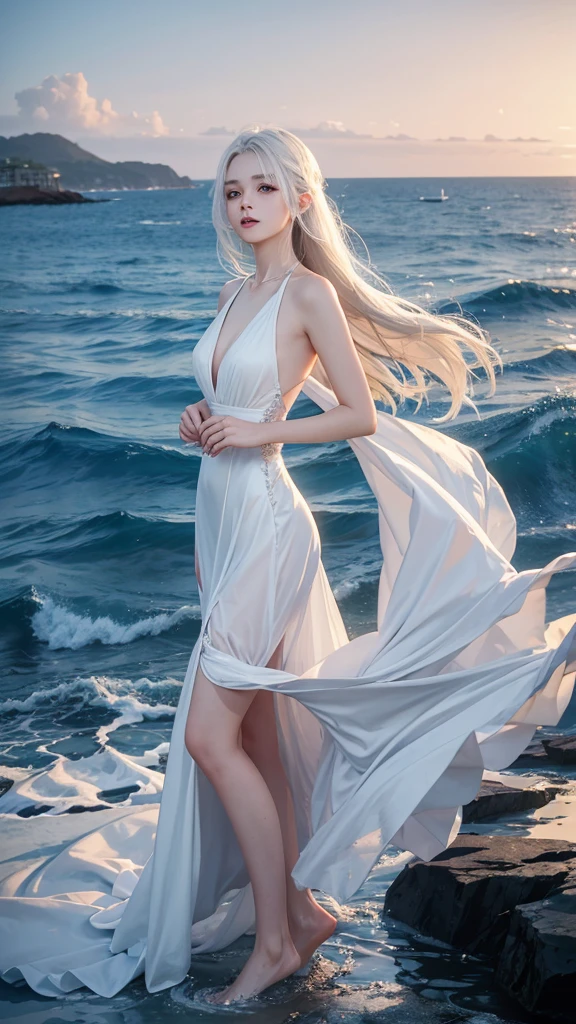 ((最high quality)), Like a photograph,high quality, 8k resolution",Beautiful 19 year old girl,Very elegant fashion,The girl sways beautifully in the sea breeze、Should have elegant white hair,Sad look,Ocean view，evening