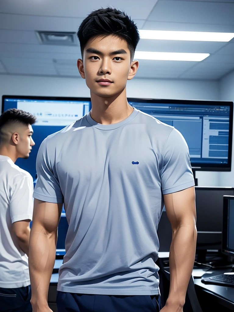 A young Asian man stands, handsome, muscular, looking at the camera. In a simple navy blue T-shirt., In the computer room