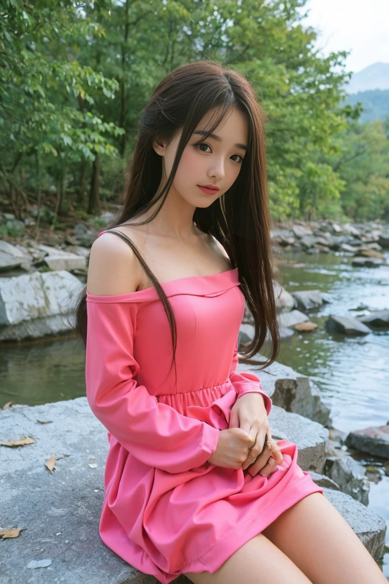 young beautiful girl, thin build, USA, wild west, western, , looking to the side, sitting on a stone by the river, forest beyond the river, mountains visible from afar, long pink dress with long sleeves, simple cut dress, long straight light brown hair, detailed fabric texture