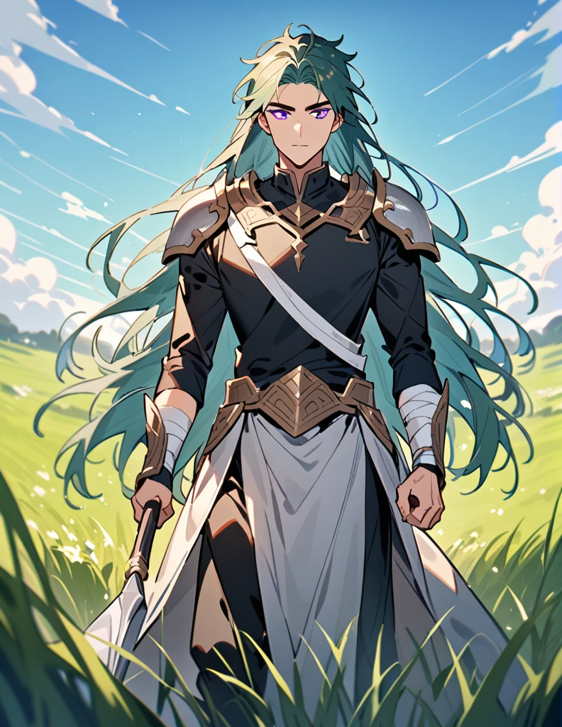 Greek boy with very long, white shoulder-length hair, violet eyes, one of his arms covered in bandages, equipped with a spear, wearing two silver-gray shoulder pads and a black shirt, walking in a field of green grass with an open blue sky