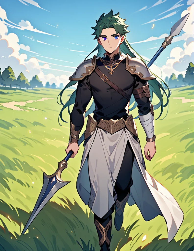 Greek boy with very long, white shoulder-length hair, violet eyes, one of his arms covered in bandages, equipped with a spear, wearing two silver-gray shoulder pads and a black shirt, walking in a field of green grass with an open blue sky
