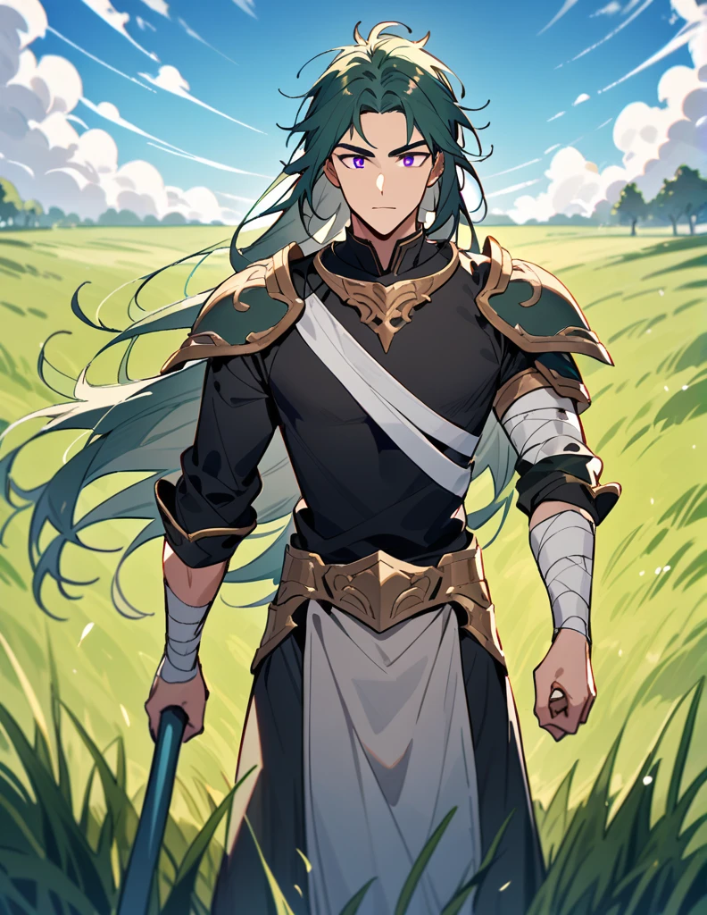 Greek boy with very long, white shoulder-length hair, violet eyes, one of his arms covered in bandages, equipped with a spear, wearing two silver-gray shoulder pads and a black shirt, walking in a field of green grass with an open blue sky