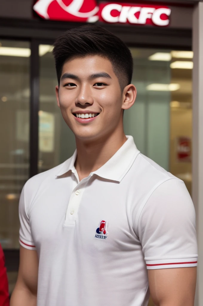 ((realistic daylight)) , Young Korean man in a navy blue polo shirt only, no stripes, and jeans., A handsome, muscular young Asian man looks at the camera.  , in the meadow wheat ,turn sideways, smile
