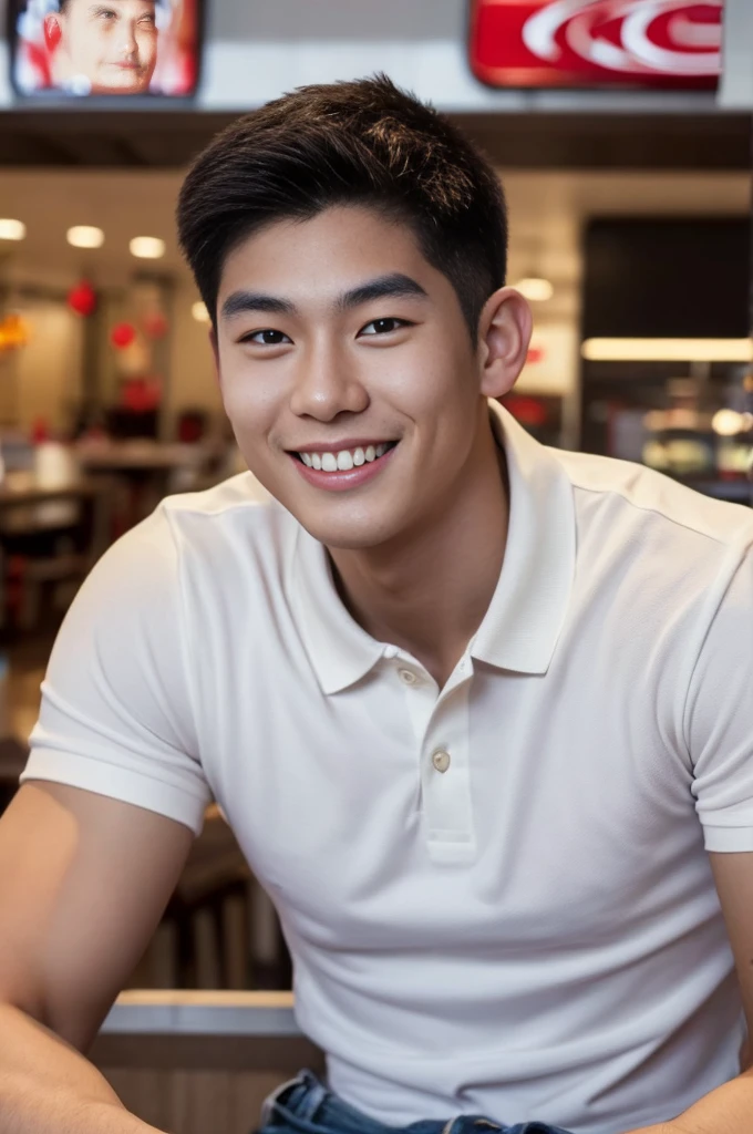 ((realistic daylight)) , Young Korean man in only a polo shirt, no stripes, and jeans., A handsome, muscular young Asian man looks at the camera.  , In the KFC store ,turn sideways, smile