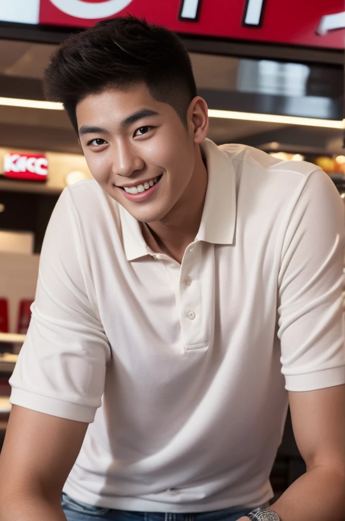 ((realistic daylight)) , Young Korean man in only a polo shirt, no stripes, and jeans., A handsome, muscular young Asian man looks at the camera.  , In the KFC store ,turn sideways, smile