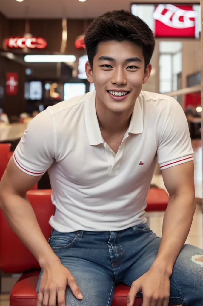 ((realistic daylight)) , Young Korean man in only a polo shirt, no stripes, and jeans., A handsome, muscular young Asian man looks at the camera.  , In the KFC store ,turn sideways, smile