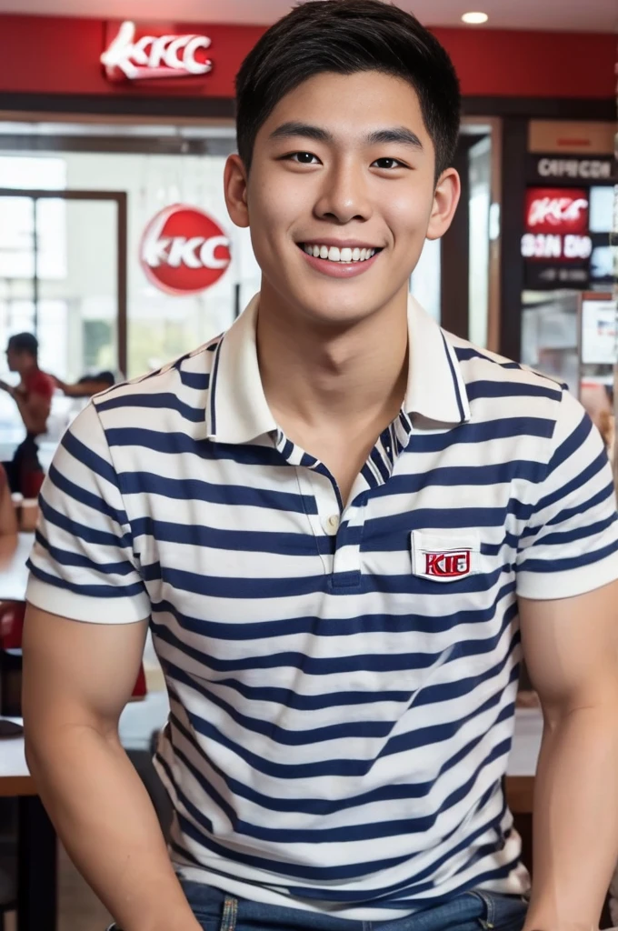 ((realistic daylight)) , Young Korean man in only a polo shirt, no stripes, and jeans., A handsome, muscular young Asian man looks at the camera. , In the KFC store ,turn sideways, smile