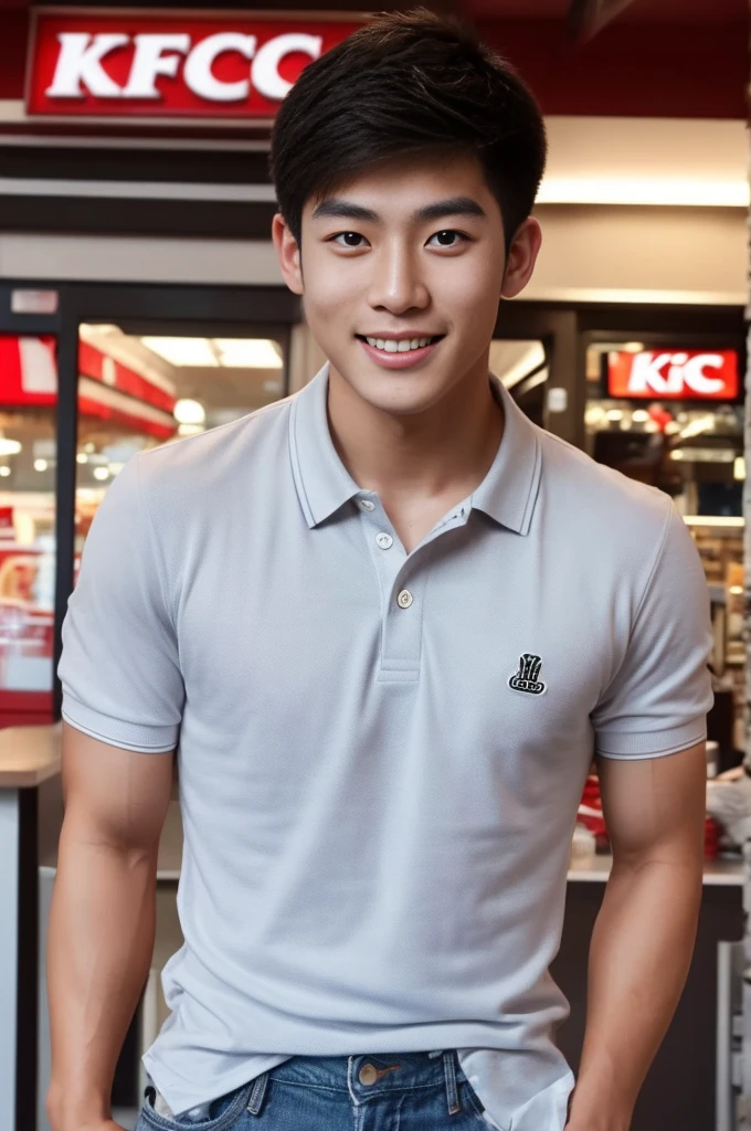 ((realistic daylight)) , Young Korean man in only a polo shirt, no stripes, and jeans., A handsome, muscular young Asian man looks at the camera. , In the KFC store ,turn sideways, smile