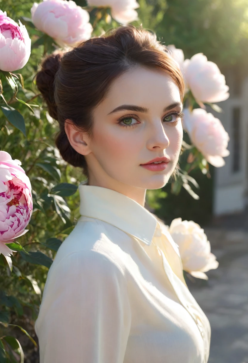 masterpiece, Photorealistic, her name is Elle, high quality, 1girl, ((30-year-old fit french woman)), ((30 years old)), beautiful eyes, slim, ((pale skin)), loose updo messy bun dark hair, (((hair behind ear))), extremely detailed skin, beautiful perfect lims and big eyes, insainly detailed tweed fabric texture, wearing white Satin Blouse + 1940 High-Waisted Pencil Skirt tweed fabric plaid pattern brown green color, old money sophistication, pose: standing, background: The former railway station that is now a flower shop stunning architecture flower shop. You stand before french building exotic colorful flower arrangements peony, roses, boutique flower shop detailed spring flowers, captivated by the play of light and color. Sira Quiroga, The open space, filled with the sound of soft footsteps and whispers, along with the scent of polished wood and faint traces of paint, remember yesteryears, creates a serene and inspiring environment, Photorealism, Full-HD, 1080p, 16k, sharp, soft lighting. real sunlight, Realistic, Hyperrealistic, Hyper Real, digital, a beautiful sophisticated model, face towards left of camera lens,