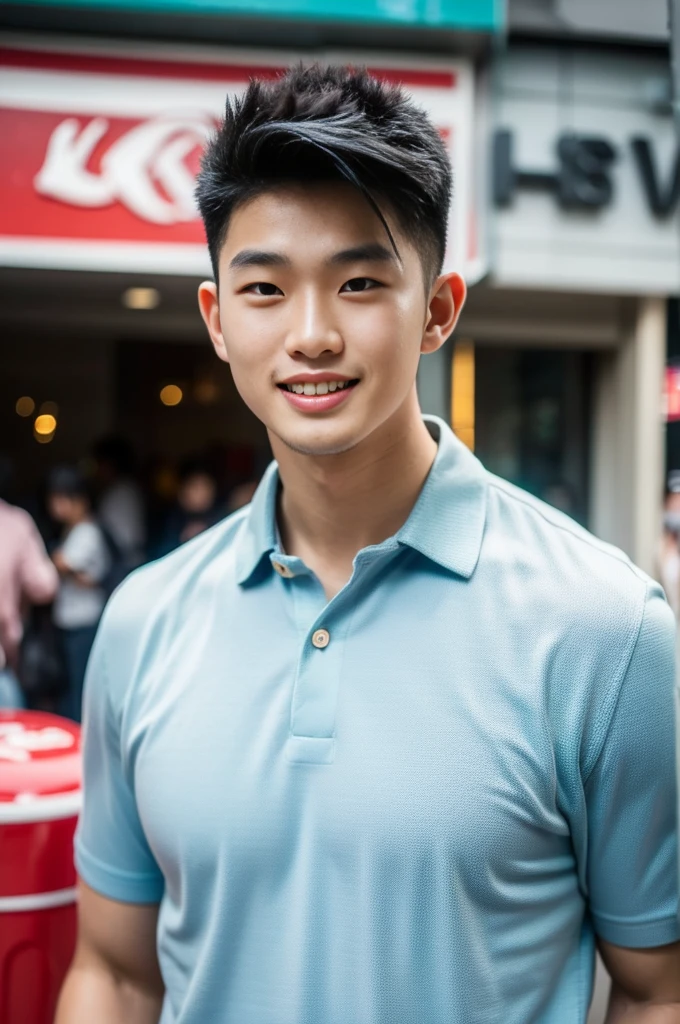 ((realistic daylight)) , Young Korean man in only a polo shirt, no stripes, and jeans., A handsome, muscular young Asian man looks at the camera.  , In the KFC store ,turn sideways, smile