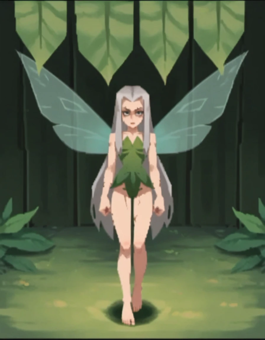 zPDXL, score_9, score_8_up, score_7_up, 1girl, solo, rcklgnd, mature woman, small breasts, very long hair, grey hair, feminine, scars, facial scar, lipstick, makeup, bedroom eyes, full body, looking at viewer, standing, fairy, evil, fairy wings, leaves