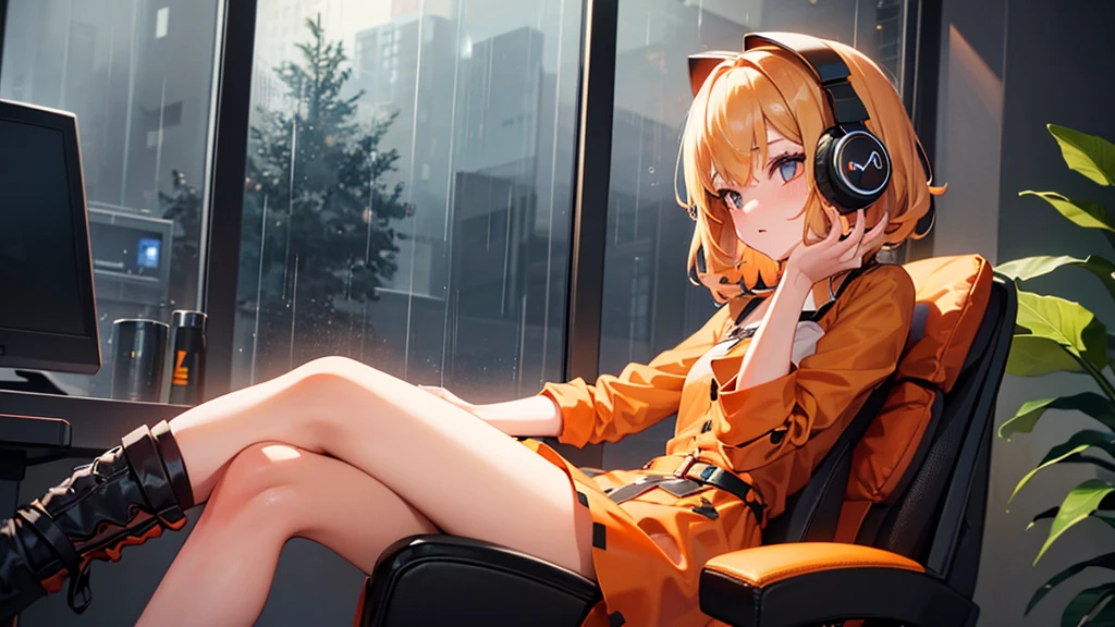 1 girl with medium blonde hair wearing headphones, short loose orange and black dress, sitting in a gaming chair facing the window, watching the rain, orange cat in the window