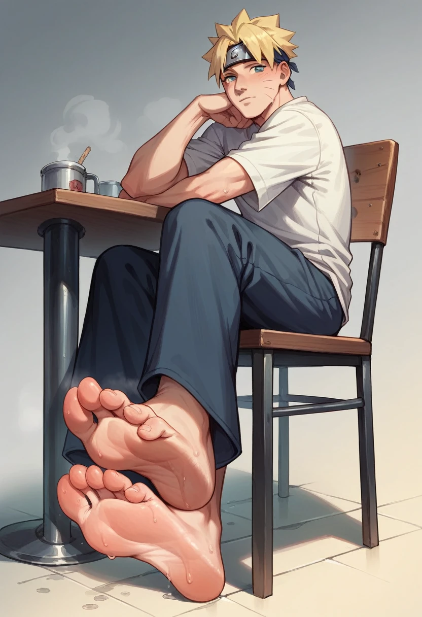 Anime boy Naruto very wet sweaty socks under chair showing his feet soles so very close to the camera