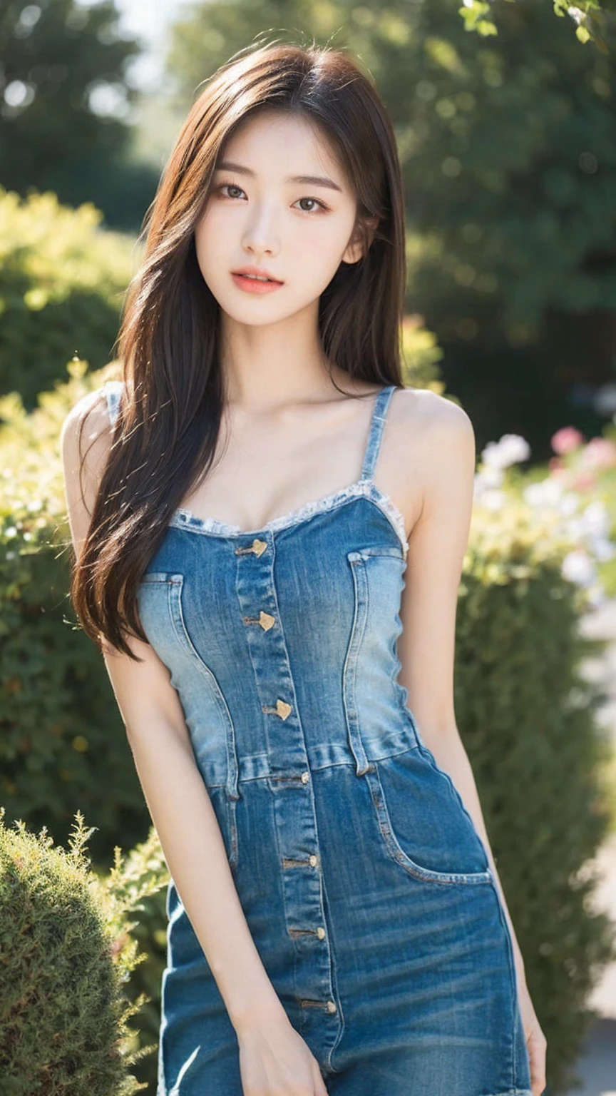((Best quality, 8k, masterpiece:1.3))，1girl，18 years old，Asian，Real texture:1.3，(Background blur:1.3)，Dress Up，Tall and slender figure:1.2，(Hot summer weather)，（garden:1.3），Highly detailed face and skin textures，Exquisite eyes，Long eyelashes，Double eyelids，Skin Whitening，happy，Beautiful breasts