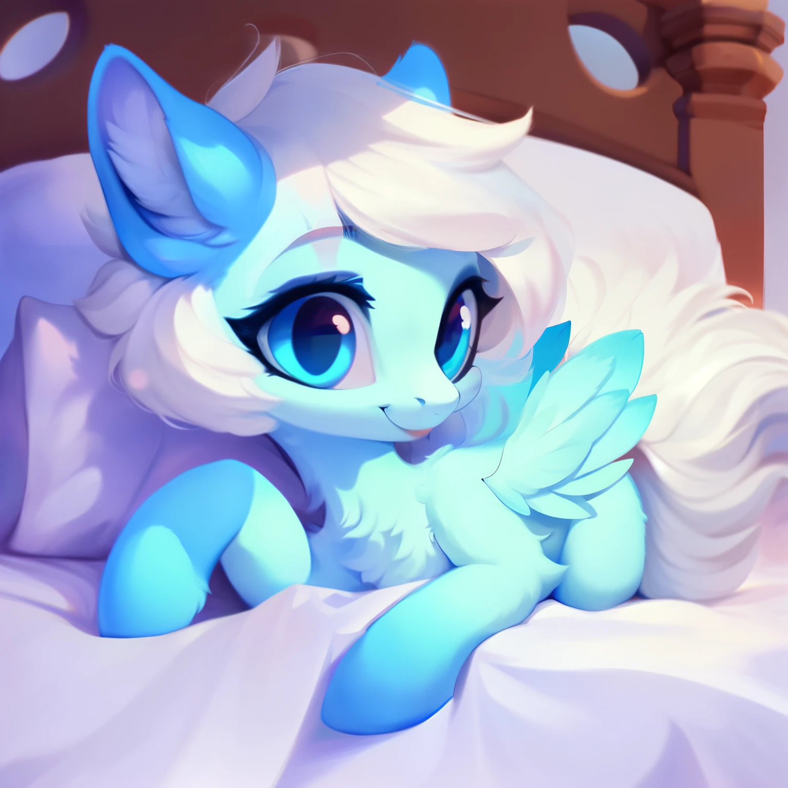 rating_safe, score_9, fluffy, feral pegasus pony,Bad，round cute face,very (((lightblue  body))), (((white short hair))) Smooth and fine semi-long bristles，Gentle and clear light blue eyes，Gentle smile。Soft tones.Lying in bed，White bed