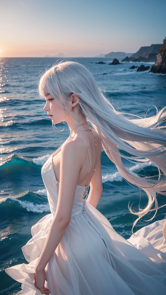 ((最high quality)), Like a photograph,high quality, 8k resolution",Beautiful 19 year old girl,Very elegant fashion,The girl sways beautifully in the sea breeze、Should have elegant white hair,Sad profile,Ocean view,evening