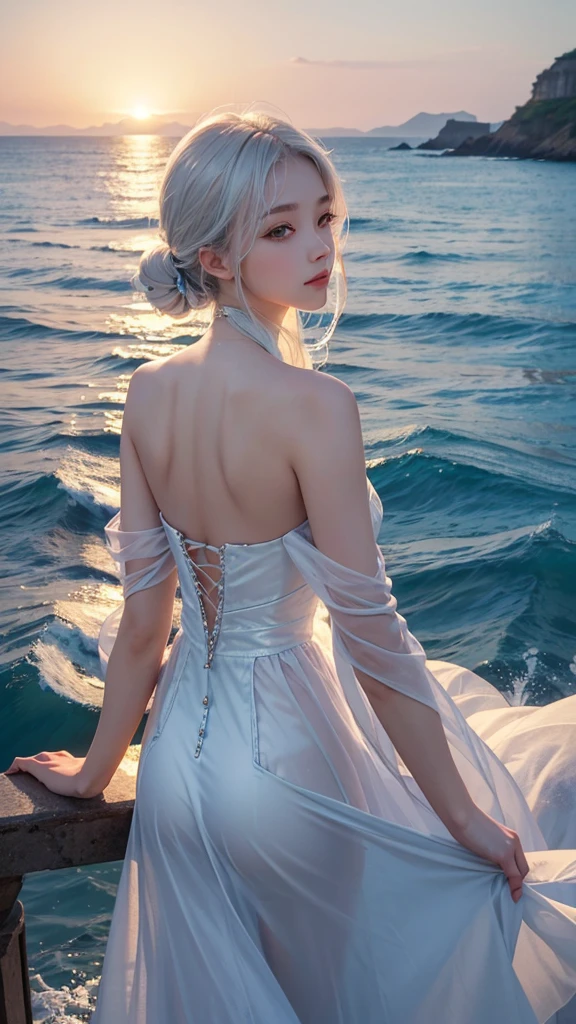 ((最high quality)), Like a photograph,high quality, 8k resolution",Beautiful 19 year old girl,Very elegant fashion,The girl sways beautifully in the sea breeze、Should have elegant white hair,Sad profile,Ocean view，evening
