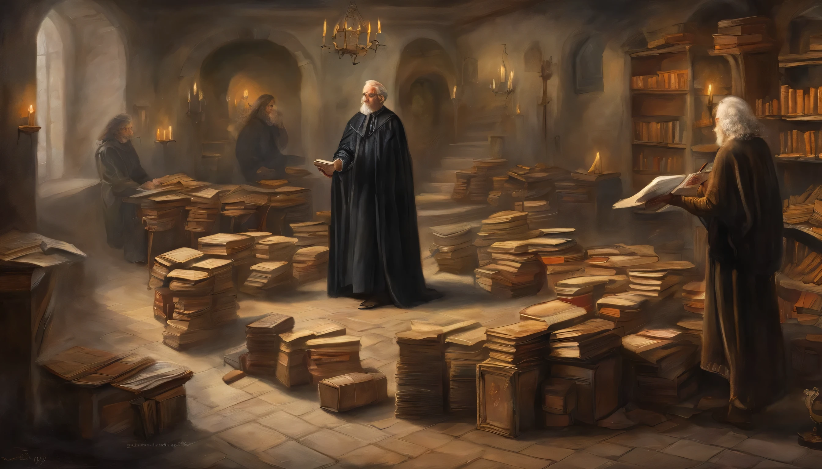An elderly black-robed magician raised his hands, A circle of magic books was scattered on the ground, Magic books and candles are placed around, Seven mirrors at different angles directly above, Gloomy picture, Vista Depth of field, god light, filmgrain, Optical illusion, Vignetting, Renaissance, Pre-Raphaelite Brotherhood, High details,Blur the back