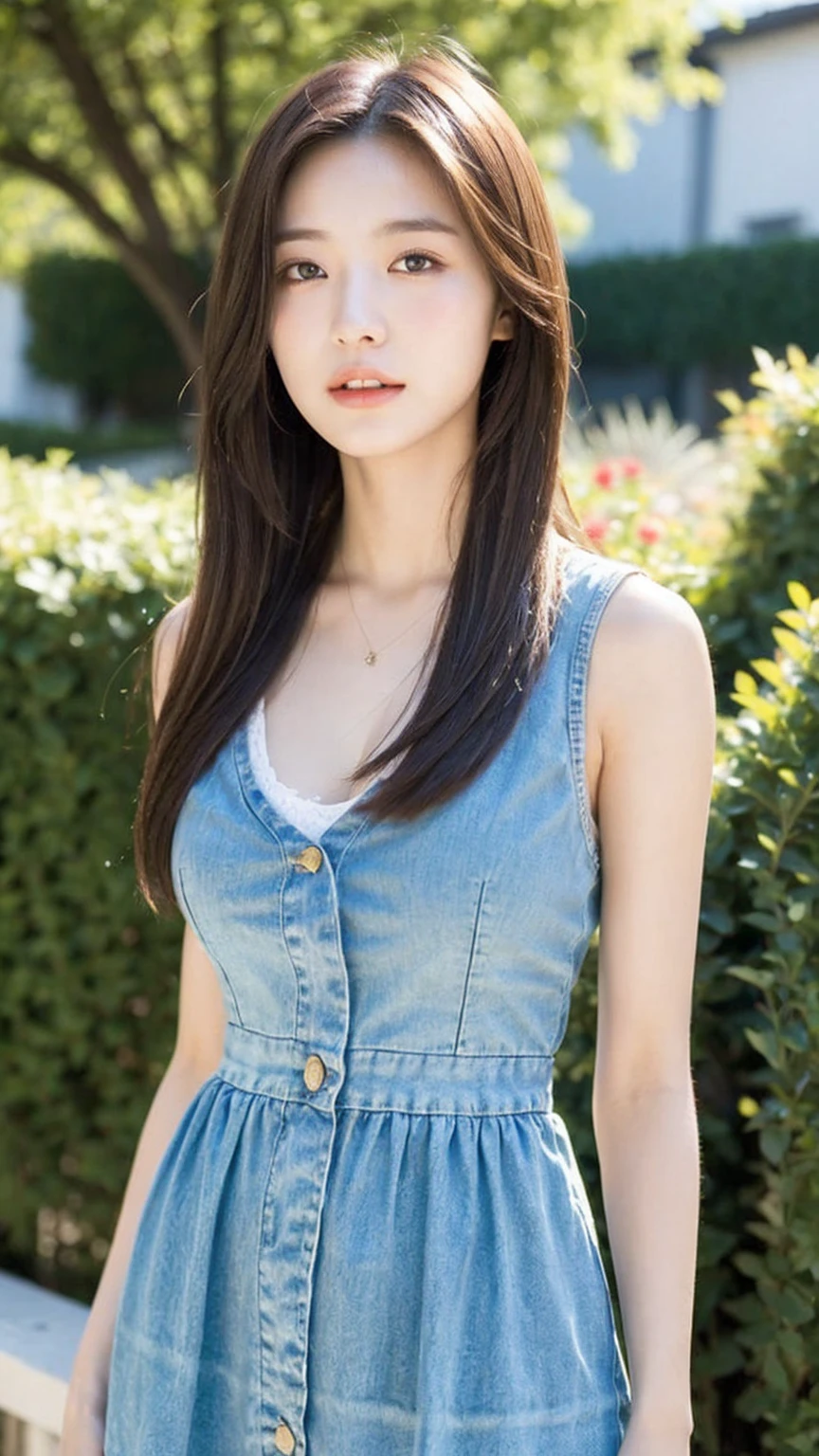 ((Best quality, 8k, masterpiece:1.3))，1girl，18 years old，Asian，Real texture:1.3，(Background blur:1.3)，Dress Up，Tall and slender figure:1.2，(Hot summer weather)，（garden:1.3），Highly detailed face and skin textures，Exquisite eyes，Long eyelashes，Double eyelids，Skin Whitening，happy，Beautiful breasts