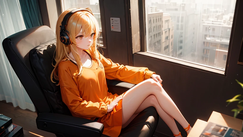 1 girl with medium blonde hair wearing headphones, short loose orange and black dress, sitting in a gaming chair facing the window, watching the rain, orange cat in the window