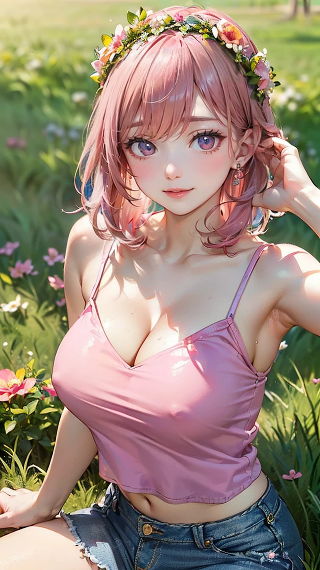 ((Highest quality, 8k, masterpiece :1.3)), (Sharp focus :1.2, Beautiful woman with perfect figure :1.4, Slim Abs :1.2), ((Big Breasts, Emphasize cleavage, The underboob is visible:1.3)), (Photorealistic:1.4), (realistic:1.4), (Pink Hair:1.5), Highly detailed face and skin texture, Fine grain, double eyelid. Makeup face, A little bit of lipstick, sex appeal, Sexy gravure pose, ((Sexy girly beauty in pink camisole and denim skirt。Wearing a flower crown in the grassland、Sitting and smiling pose。Heart-shaped earrings dangling。:1.3))