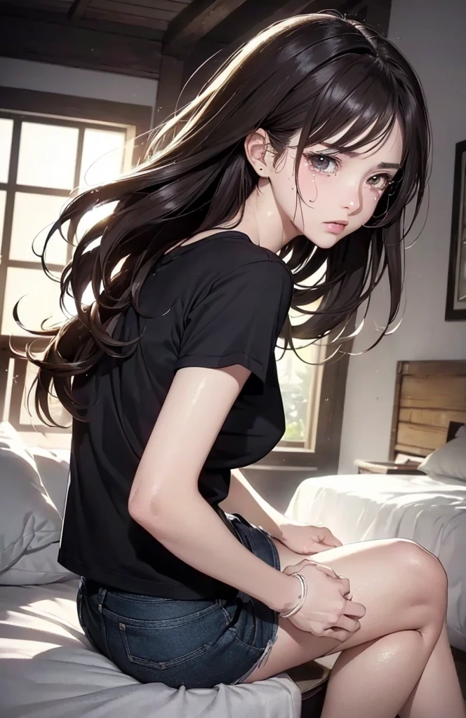 (masterpiece: 1.3), break, Absurd, Highest quality、High resolution, ((((dark, Dramatic Room, Bedroom)))), High-quality images、8k, 1 female、Skin luster、Texture of skin and clothing、Expression of fine eyes、Shiny Hair, Girl with long brown hair, Manga inspired by Lee Jong-suk, Trending on deviantart, realism, detailed manga style, Manga art style, Perfect line drawing, Beautiful line art, digital manga art girl, K-Pop Idols, Fine brown eyes, Fuller lips, Gorgeous face with attention to detail, Face Focus, ((From the side)), (Perfectly detailed face), (Handcrafted with attention to detail), Natural Cheeks, Glowing Skin, Swollen breasts, Photorealistic images, Depth of written boundary, Japanese princess cut hairstyle, ((Looking at the floor, Place your hands on your thighs)), (Wearing a T-shirt, Casual clothing), (((Are crying, tear up, , Intense emotions)))
