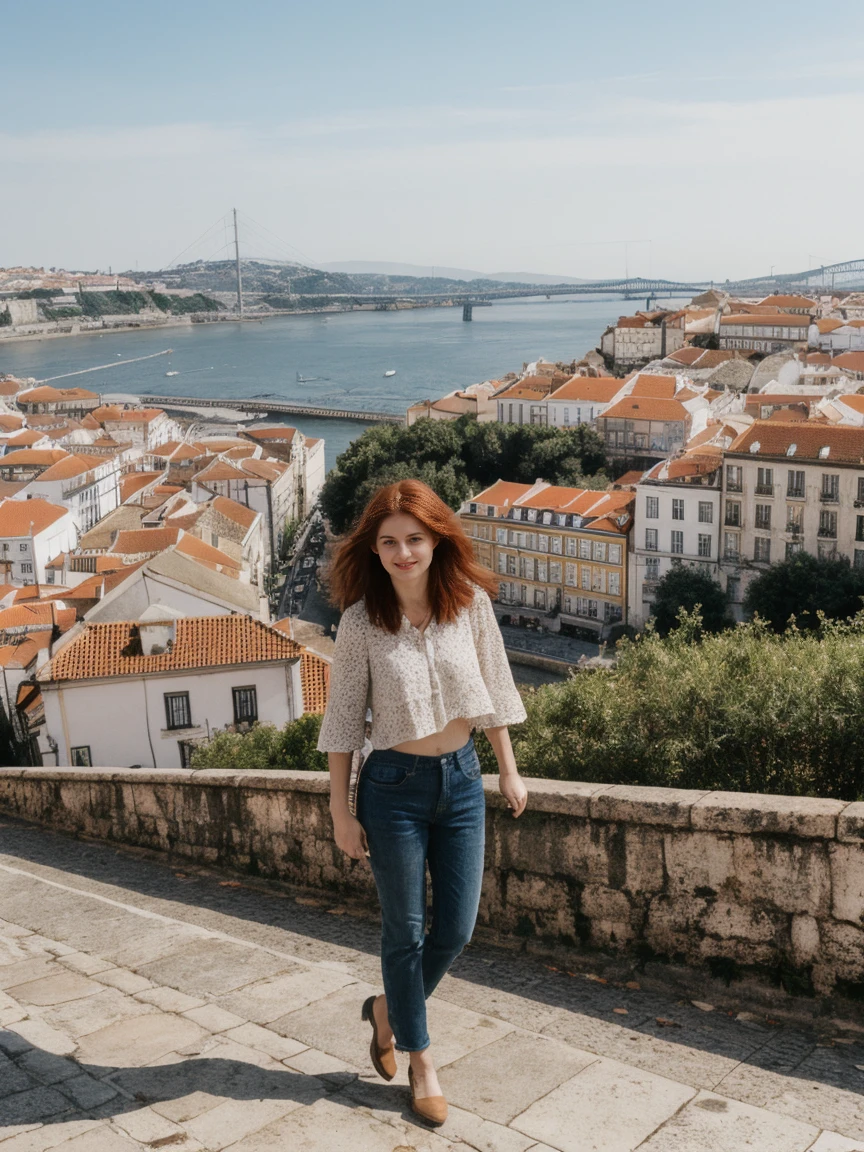 her name is Amelie, high quality, 1girl, ((25-year-old fit Caucasian woman)), ((25 years old)), ((hourglass body shape)), ((thin belly, thin legs)),((large_round_breasts)), ((layered cut medium auburn HAIR)), pose: standing, wearing Exclusive Fashion-forward Generation-Z modern wear different colored, BACKGROUND:"Lived in the picturesque streets of Lisbon, with its colorful tiles, historic trams, and stunning views from hilltop miradouros."