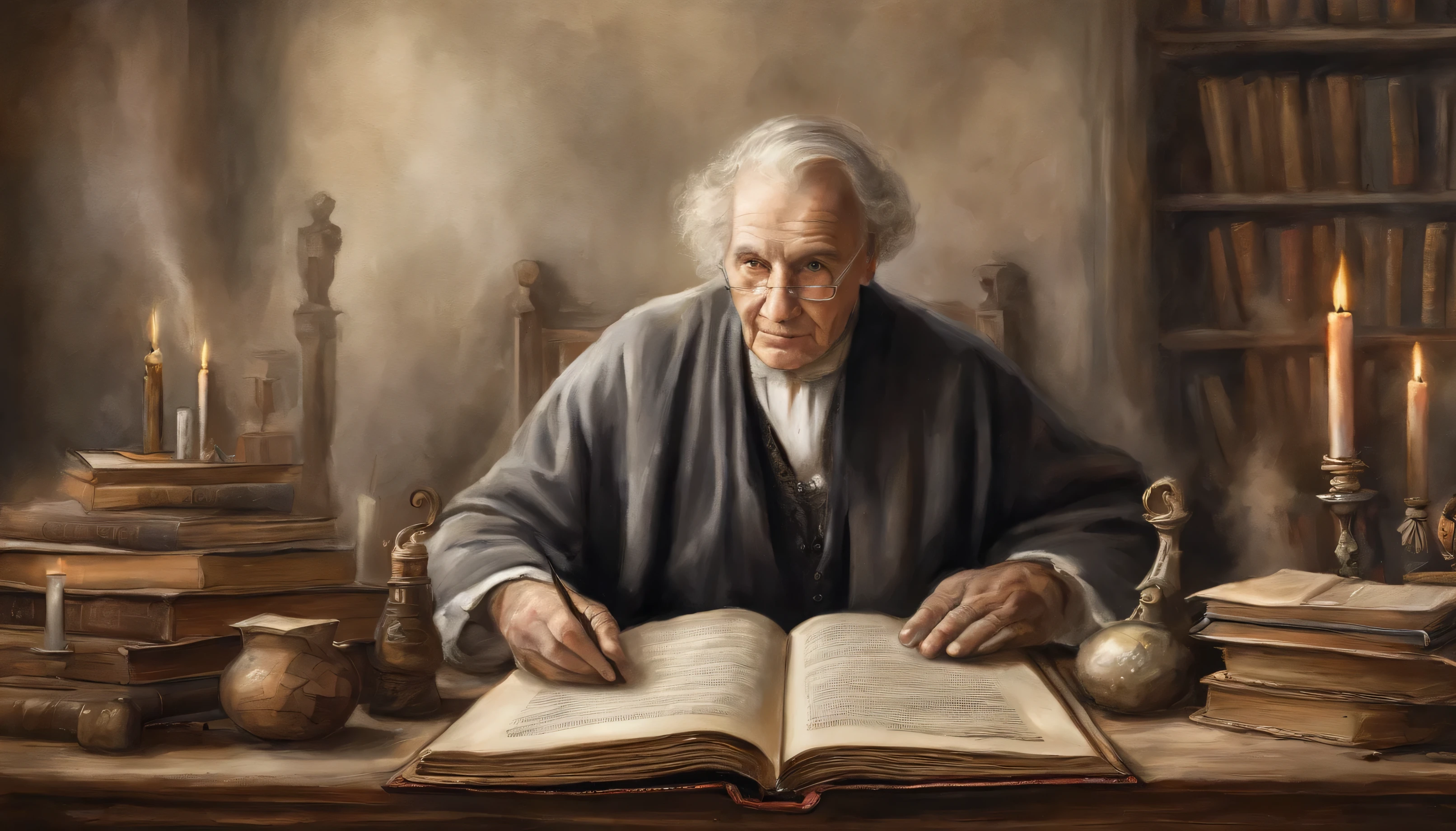 An elderly black-robed magician raised his hands, A circle of magic books was scattered on the ground, Magic books and candles are placed around, Seven mirrors at different angles directly above, Gloomy picture, Vista Depth of field, god light, filmgrain, Optical illusion, Vignetting, Renaissance, Pre-Raphaelite Brotherhood, High details,Blur the back