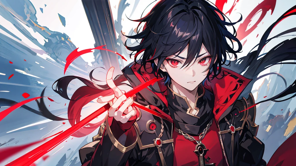 Anime boy with red light in hand, shadow young wizard, Epic anime style, anime key artโดยละเอียด, Shadowverse style, Fantasy style anime, Demon Man, anime key art, conjunctivitis, black hair, head&#39;Strong man in uniform fights with demons.