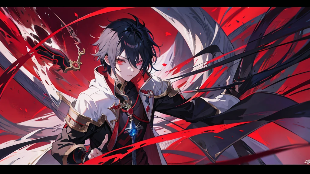 Anime boy with red light in hand, shadow young wizard, Epic anime style, anime key artโดยละเอียด, Shadowverse style, Fantasy style anime, Demon Man, anime key art, conjunctivitis, black hair, head'Strong man in uniform fights with demons.
