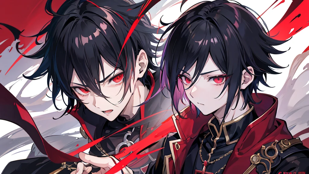 Anime boy with red light in hand, shadow young wizard, Epic anime style, anime key artโดยละเอียด, Shadowverse style, Fantasy style anime, Demon Man, anime key art, conjunctivitis, black hair, head&#39;Strong man in uniform fights with demons.