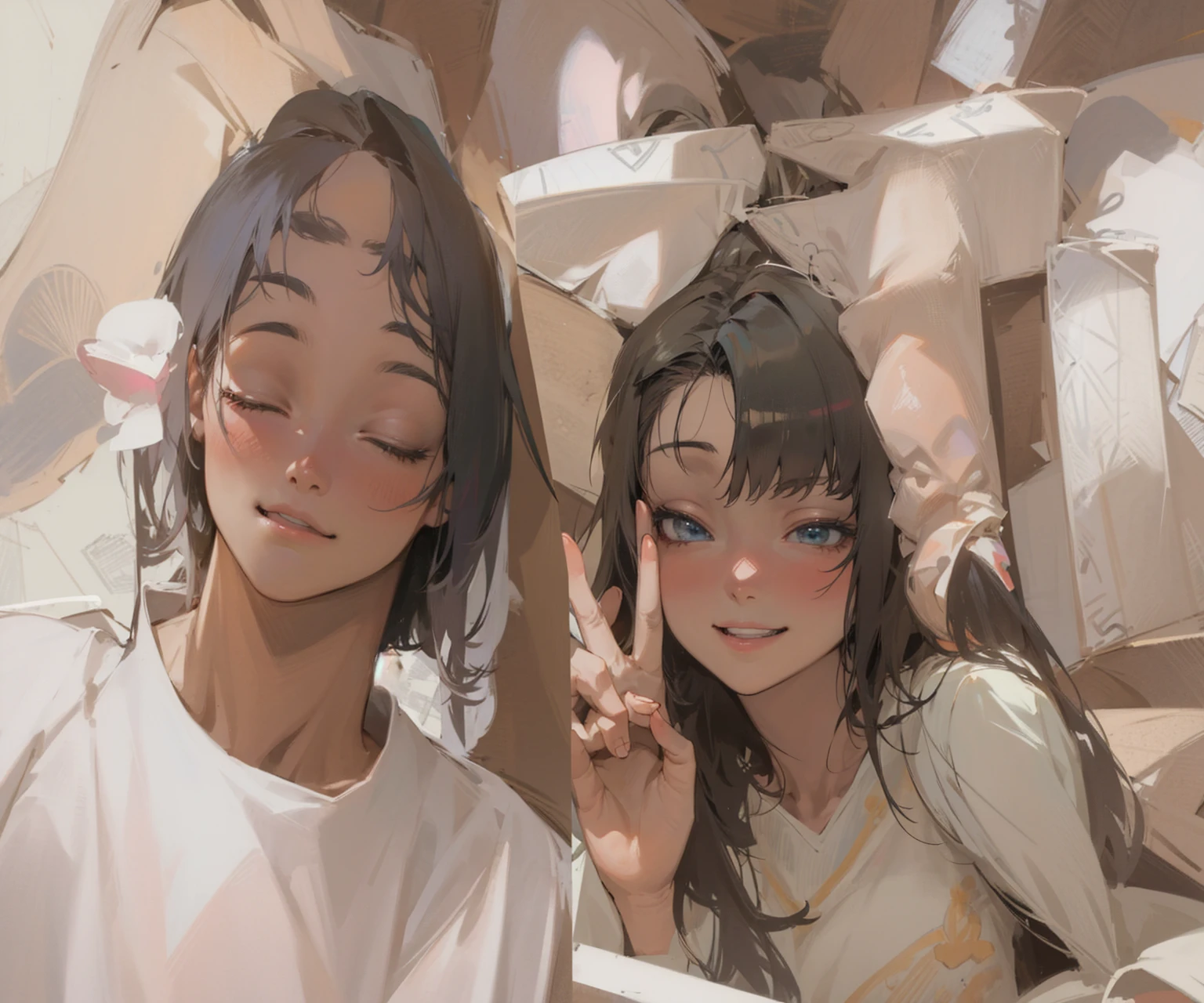 anime convertion, don’t change to much of faces, change the background into loving anime universe, both smiling but not too much