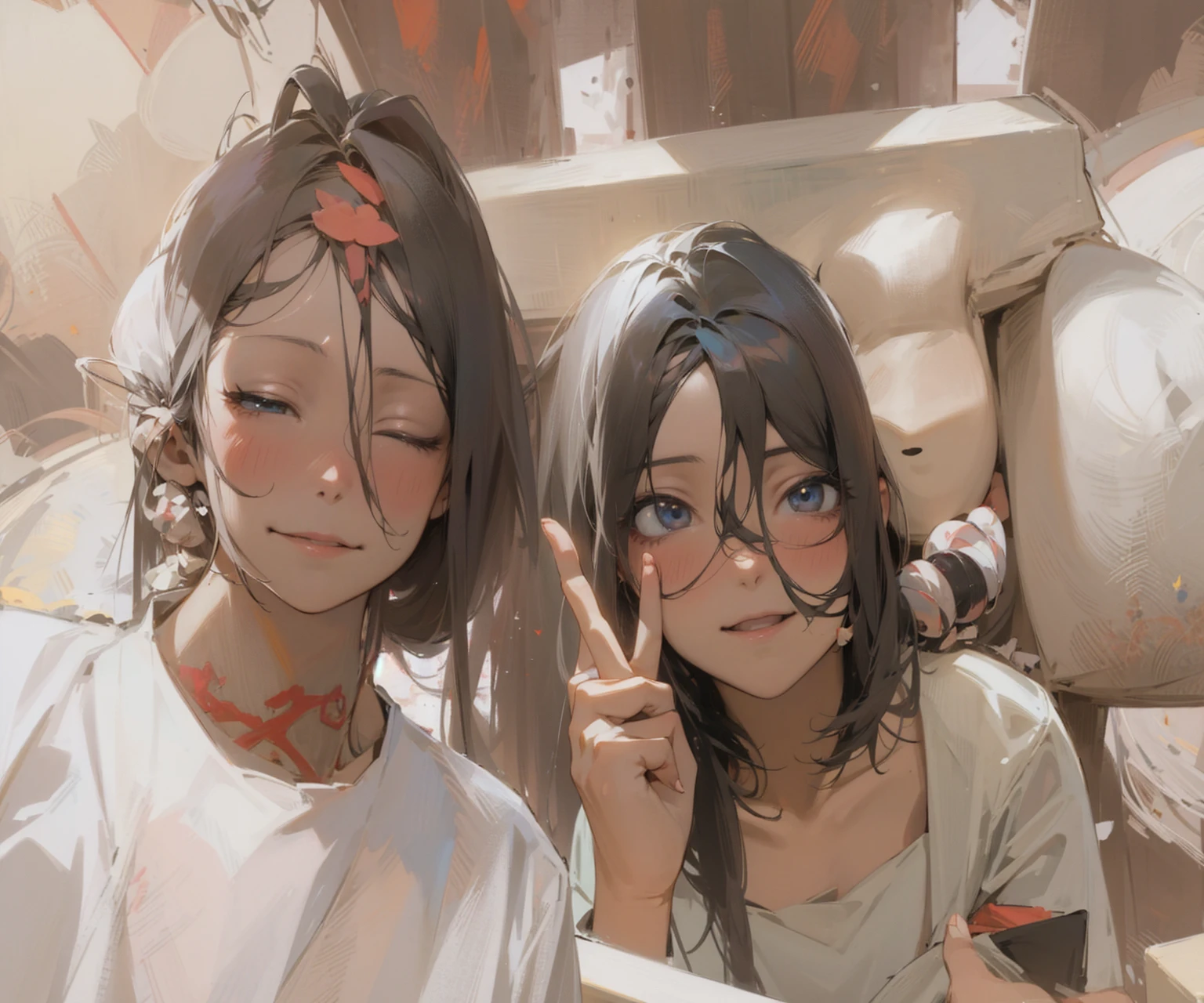 anime convertion, don’t change to much of faces, change the background into loving anime universe, both smiling but not too much