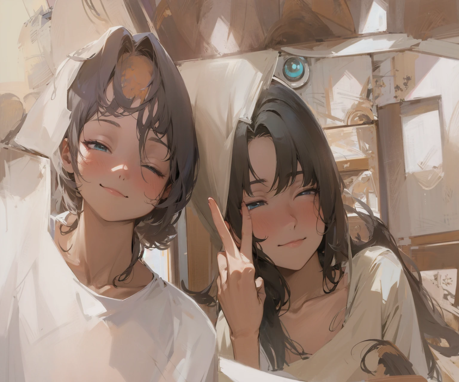 anime convertion, don’t change to much of faces, change the background into loving anime universe, both smiling but not too much