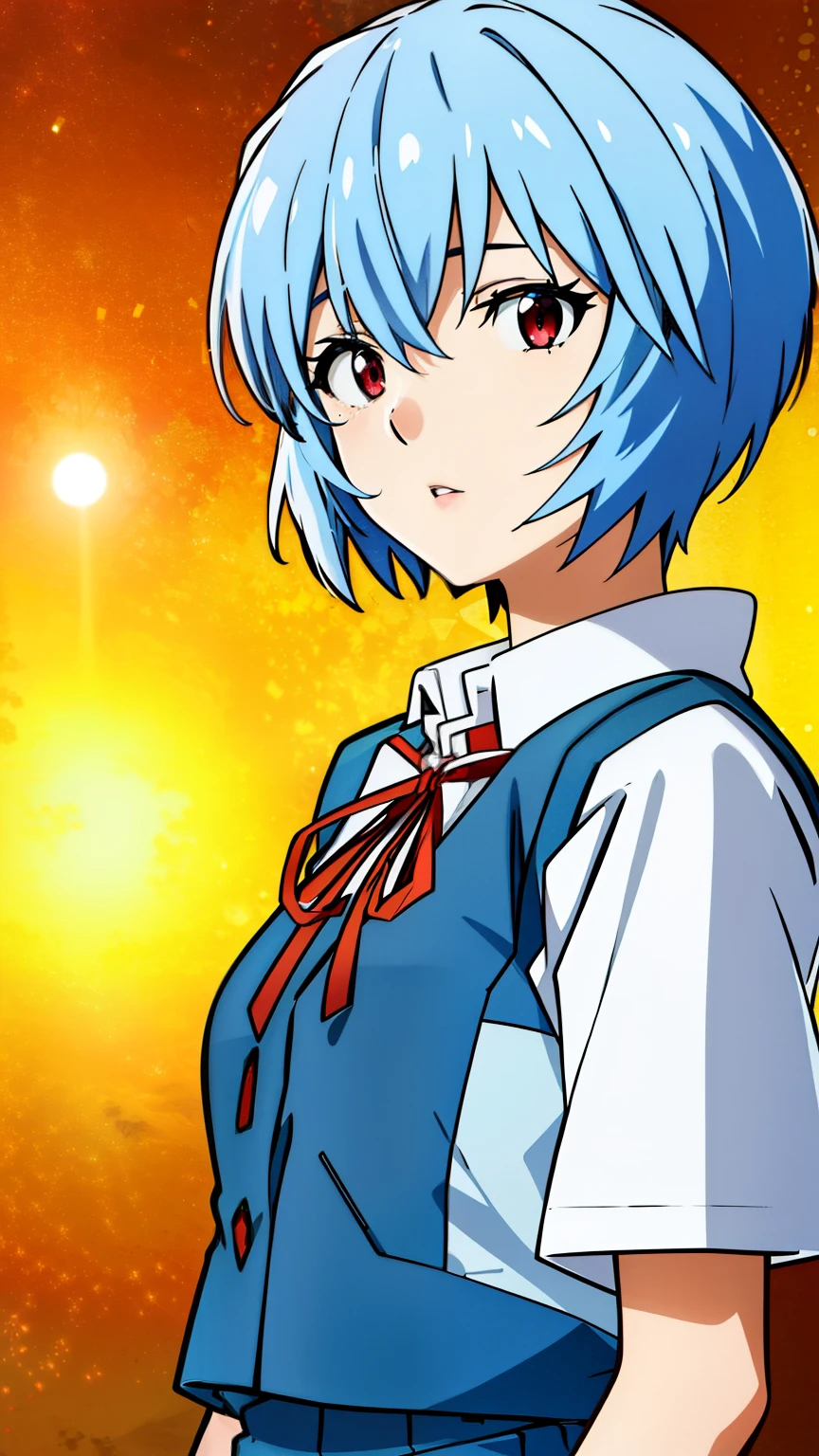 reiayanami, rei ayanami, (ayanami rei:1.2), blue hair, short hair, (red eyes:1.2), Medium breast,
BREAK (light blue skirt, light blue vest, vest, shirt, ribbon, uniform, white shirt, short sleeves, red ribbon, neck ribbon, (Tokyo Junior High School uniform: 1.5)),
BREAK (masterpiece:1.2), best quality, high resolution, unity 8k wallpaper, (illustration:0.8), (beautiful detailed eyes:1.6), extremely detailed face, perfect lighting, extremely detailed CG, (perfect hands, perfect anatomy),cowboy Shot,