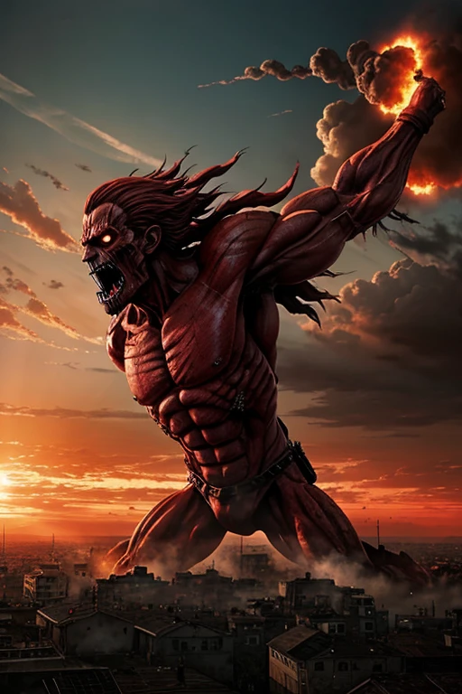 Generate an image of an Attack on Titan apocalypse scene with colossal figures causing destruction (rumbling), set against a red sky.