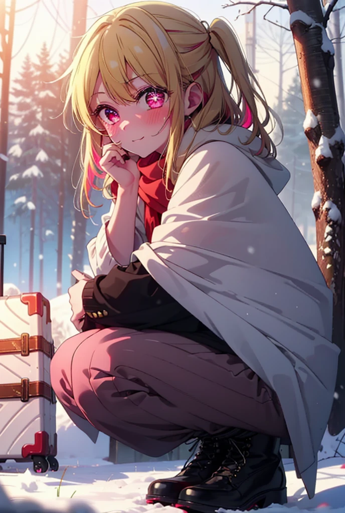 rubyhoshino, Hoshino Ruby, Long Hair, bangs, blonde, (Pink Eyes:1.3), Side Lock, (Symbol-shaped pupil:1.5), Multicolored Hair, Two-tone hair, smile,,smile,blush,white breath,
Open your mouth,snow,Ground bonfire, Outdoor, boots, snowing, From the side, wood, suitcase, Cape, Blurred, , forest, White handbag, nature, Squat, Mouth closed, Cape, winter, Written boundary depth, Black shoes, red Cape break looking at viewer, Upper Body, whole body, break Outdoor, forest, nature, break (masterpiece:1.2), Highest quality, High resolution, unity 8k wallpaper, (shape:0.8), (Beautiful and beautiful eyes:1.6), Highly detailed face, Perfect lighting, Extremely detailed CG, (Perfect hands, Perfect Anatomy),