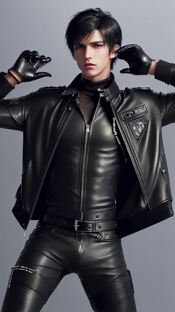 Final fantasy taste and reality graphics, ((Japanese young cute and cool ikemen boy)), his age is early 20s, thin eyebrows and beady eyes, ((he wearing black color leather thick and heavy material jacket)), ((jacket is singlebrest)), ((biker style jacket)), ((jacket is large size)),((with epaulet)), ((jacket is long sleeve)), ((zipped front of the leather jacket)), , ((voluminous leather jacket)), ,((must jacket is high length and stand-up collar)) ((jacket collar with two belts)), ((jacket is a little black color line pattern)), ((also wearing black thick material turtleneck lackluster shirts)), ((tight black leather pants)), ((put black leather tight and thin glove on both hands)), ((black leather knee-high raceup boots)),((must views head-to-toe)),((must views whole body)), ,((Do not show skin from the neck down)),leather jacket leather glove and leather pants have few wrinkles, Avoid showing your innerwear,zip up jacket fastner.must put on a leather glove.
Bous face is expression of ecstasy.
Boy is black hair.boy looks like fashion model.