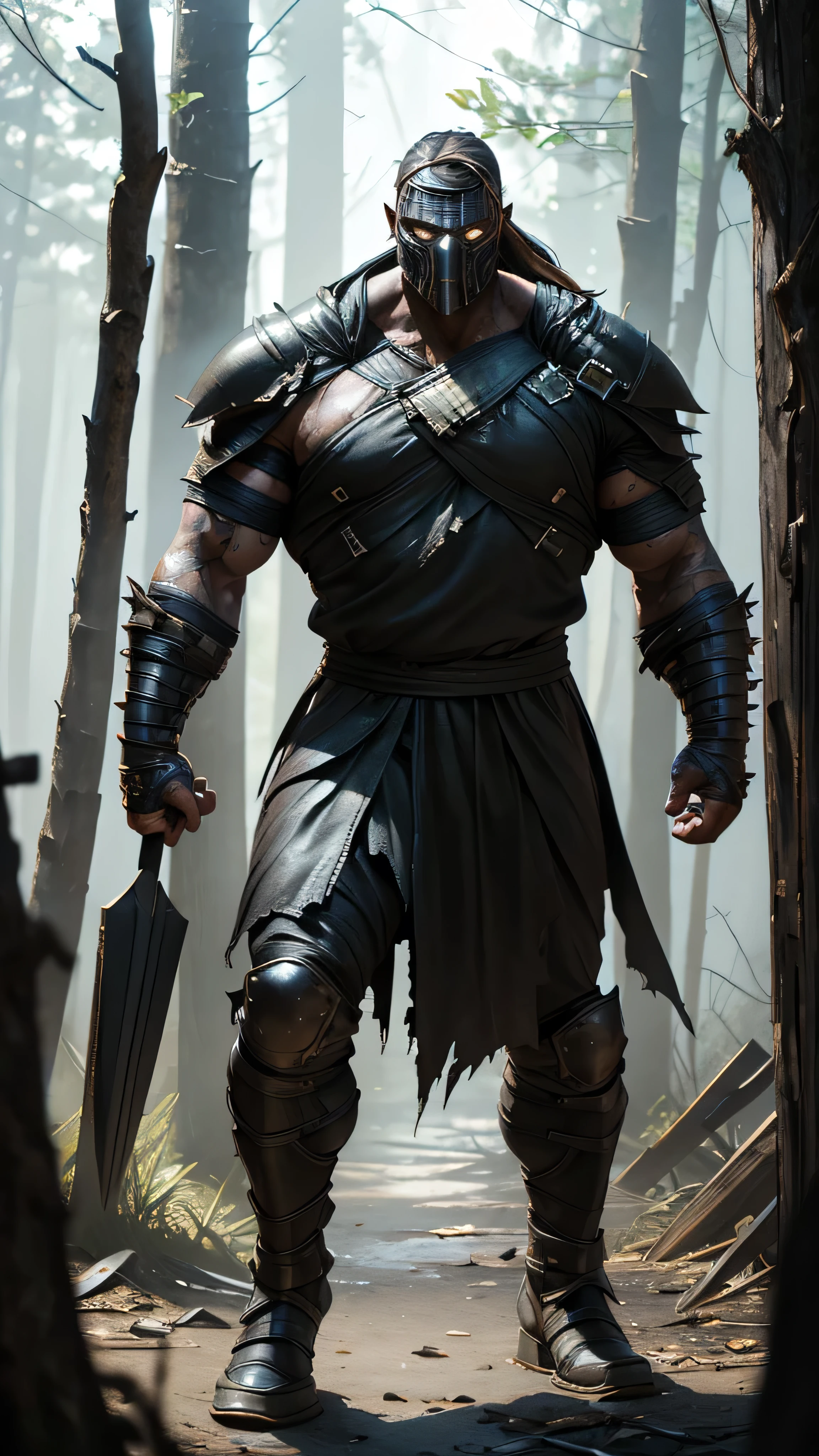 Torr from Mortal Kombat, muscled, ((torn bag mask on head)), ((torn bag mask on face)), eyes, armor, spikes, guantlets, armored boots, barefoot, metal headband, standing, forest, (insanely detailed, beautiful detailed face, masterpiece, best quality), cinematic lighting, 1man, solo, full body view, front view, looking at viewer, intricate, high detail, sharp focus, dramatic, photorealistic painting art by greg rutkowski