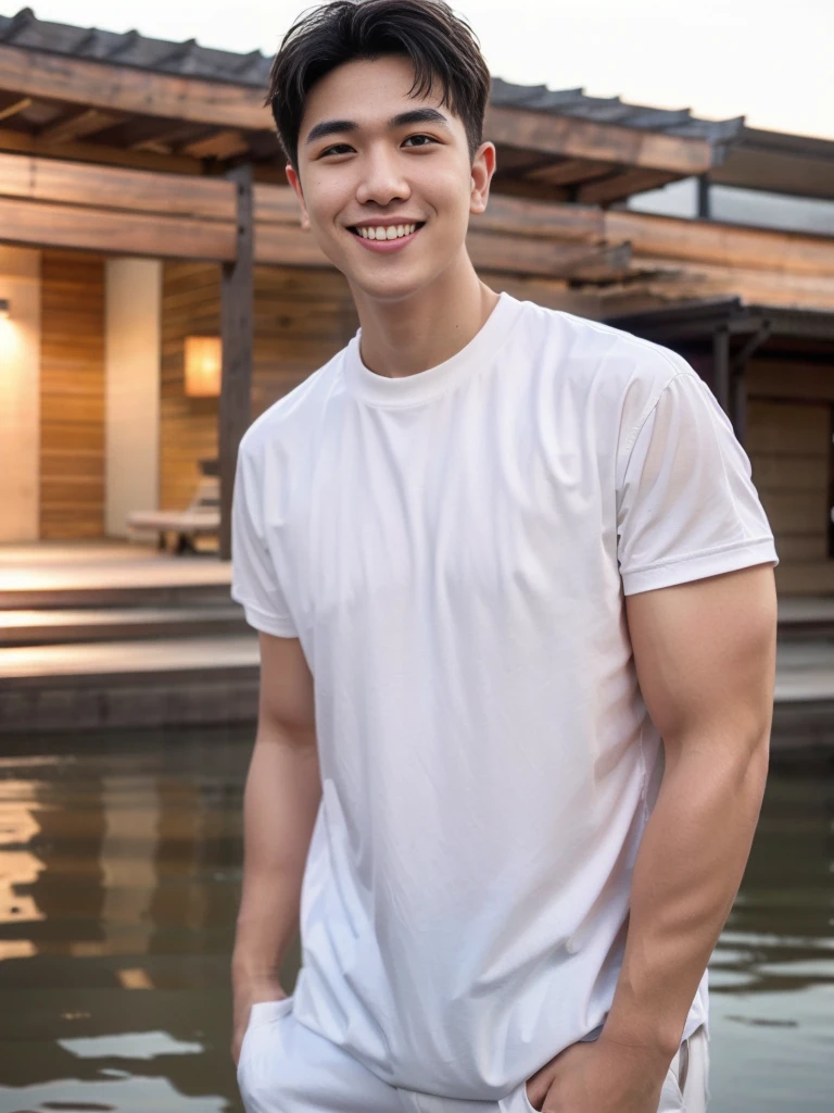 young man 20 years old , (ทรงผมแบบ Crew Cut: 1.3 ), black hair, short hair details, burly handsome man , white t-shirt ,White swimming trunks with large bulges, strong, handsome, outdoor, Take a steam shower., hot spring, Onsen, sweat, look at the audience., depth of field, Bokeh, Detailed background, Detailed light, diffuse natural sunlight, Skin glows naturally., symmetrical eyes, Big smile