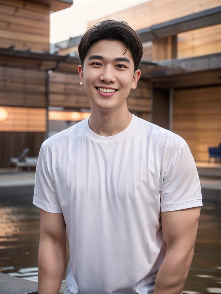 young man 20 years old , (ทรงผมแบบ Crew Cut: 1.3 ), black hair, short hair details, burly handsome man , white t-shirt ,White swimming trunks with large bulges, strong, handsome, outdoor, Take a steam shower., hot spring, Onsen, sweat, look at the audience., depth of field, Bokeh, Detailed background, Detailed light, diffuse natural sunlight, Skin glows naturally., symmetrical eyes, Big smile