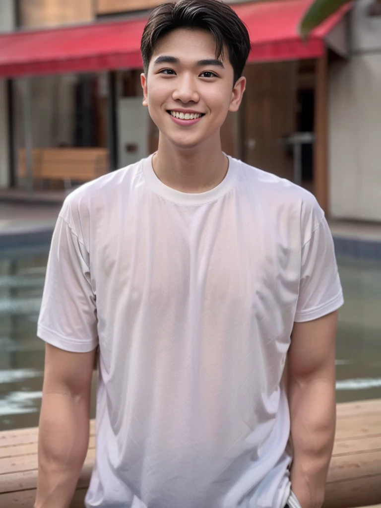 young man 20 years old , (ทรงผมแบบ Crew Cut: 1.3 ), black hair, short hair details, burly handsome man , white t-shirt ,White swimming trunks with large bulges, strong, handsome, outdoor, Take a steam shower., hot spring, Onsen, sweat, look at the audience., depth of field, Bokeh, Detailed background, Detailed light, diffuse natural sunlight, Skin glows naturally., symmetrical eyes, Big smile